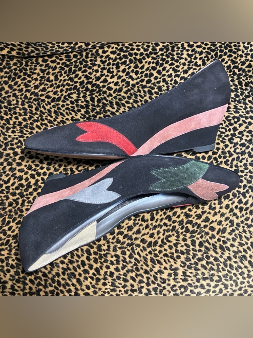 Vtg 50s 80s floral heart patchwork applique suede wedge pump heels pinup mod 9